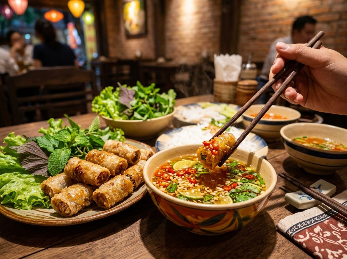 Bát nước mắm chua ngọt tỏi ớt nổi bên cạnh đĩa nem rán truyền thống giòn rụm