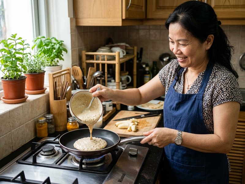 Đổ bột bánh pancake chuối yến mạch vào chảo chống dính nướng lửa nhỏ mặt bánh sủi bọt khí li ti