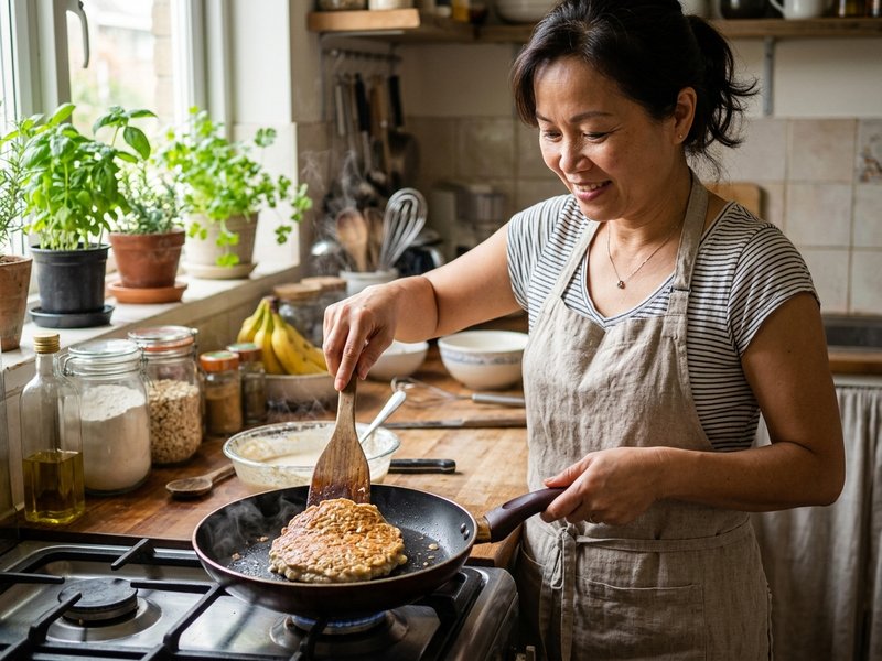 Lật mặt bánh pancake chuối yến mạch màu nâu vàng cánh gián thơm phức trên chảo chống dính