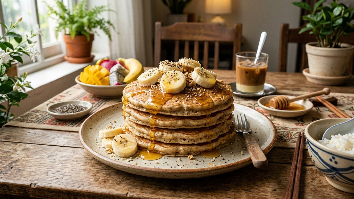 Tháp bánh pancake chuối yến mạch giảm cân xốp mềm vàng ươm trang trí lát chuối dâu tây và rưới mật ong