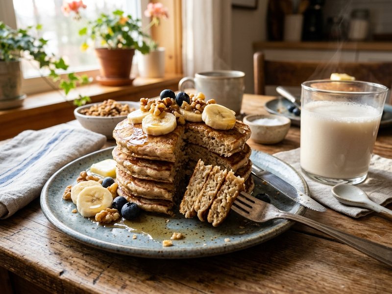 Đĩa tháp bánh pancake chuối yến mạch hoàn chỉnh rưới mật ong kèm dâu tây và ly sữa hạt ấm