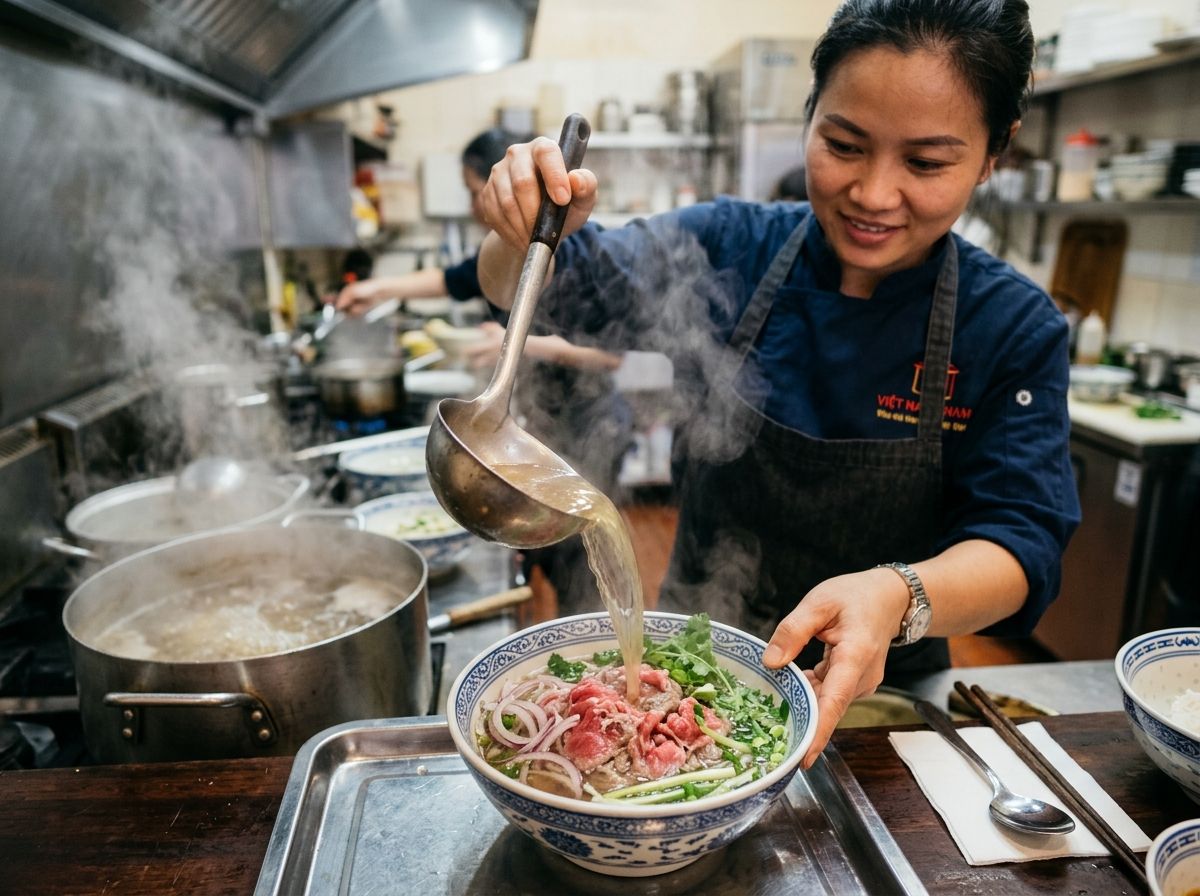 Chan nước dùng phở bò đang sôi sùng sục lên thịt tái