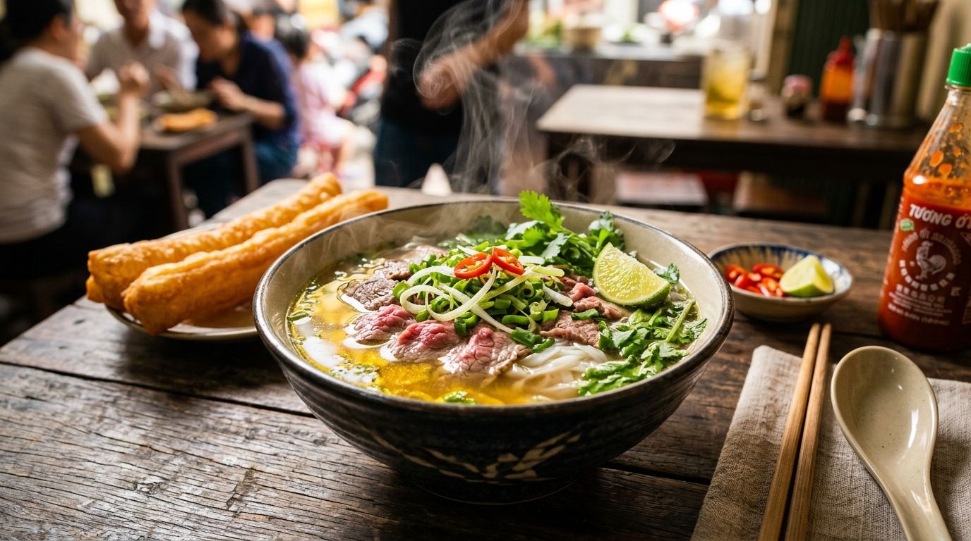 Bát phở bò Hà Nội nước dùng trong vắt bốc khói nghi ngút