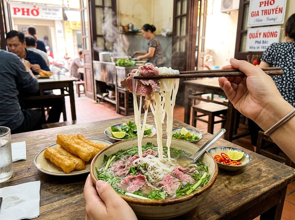 Thưởng thức phở bò Hà Nội cùng quẩy giòn tan và chanh ớt