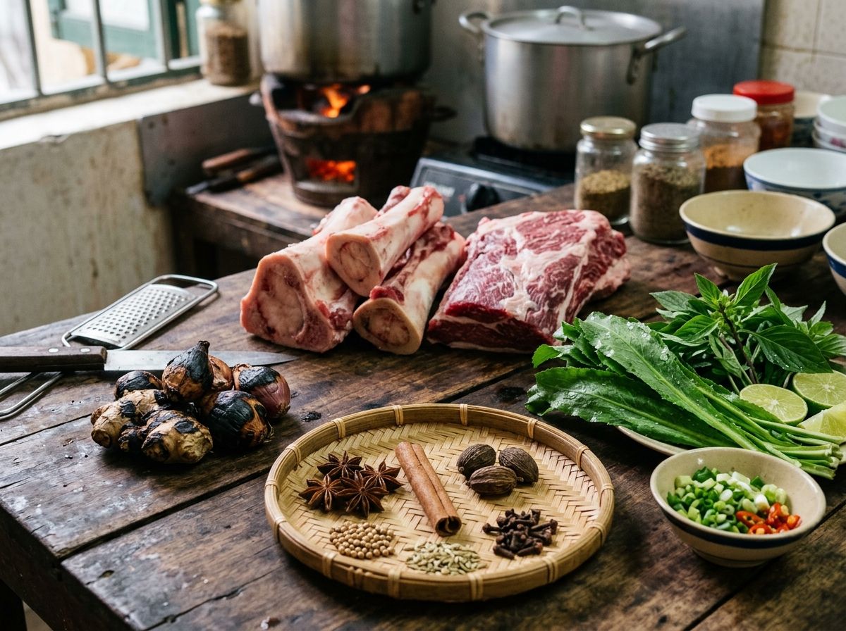 Nguyên liệu nấu phở bò xương tủy gừng nướng hoa hồi quế