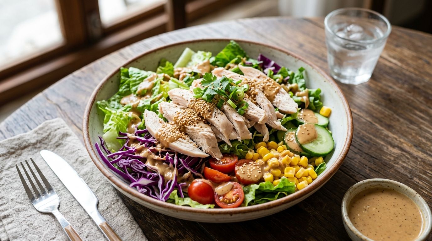 Đĩa salad ức gà sốt mè rang tươi mát với xà lách cà chua bi bắp ngọt và ức gà xé sợi rắc hạt mè