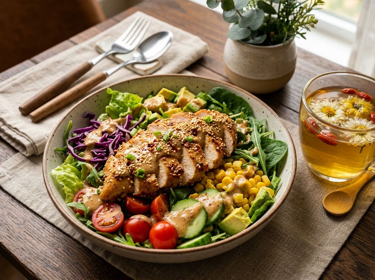 Thành phẩm đĩa salad ức gà sốt mè rang bày trên bàn ăn phong cách hiện đại thơm ngon bắt mắt