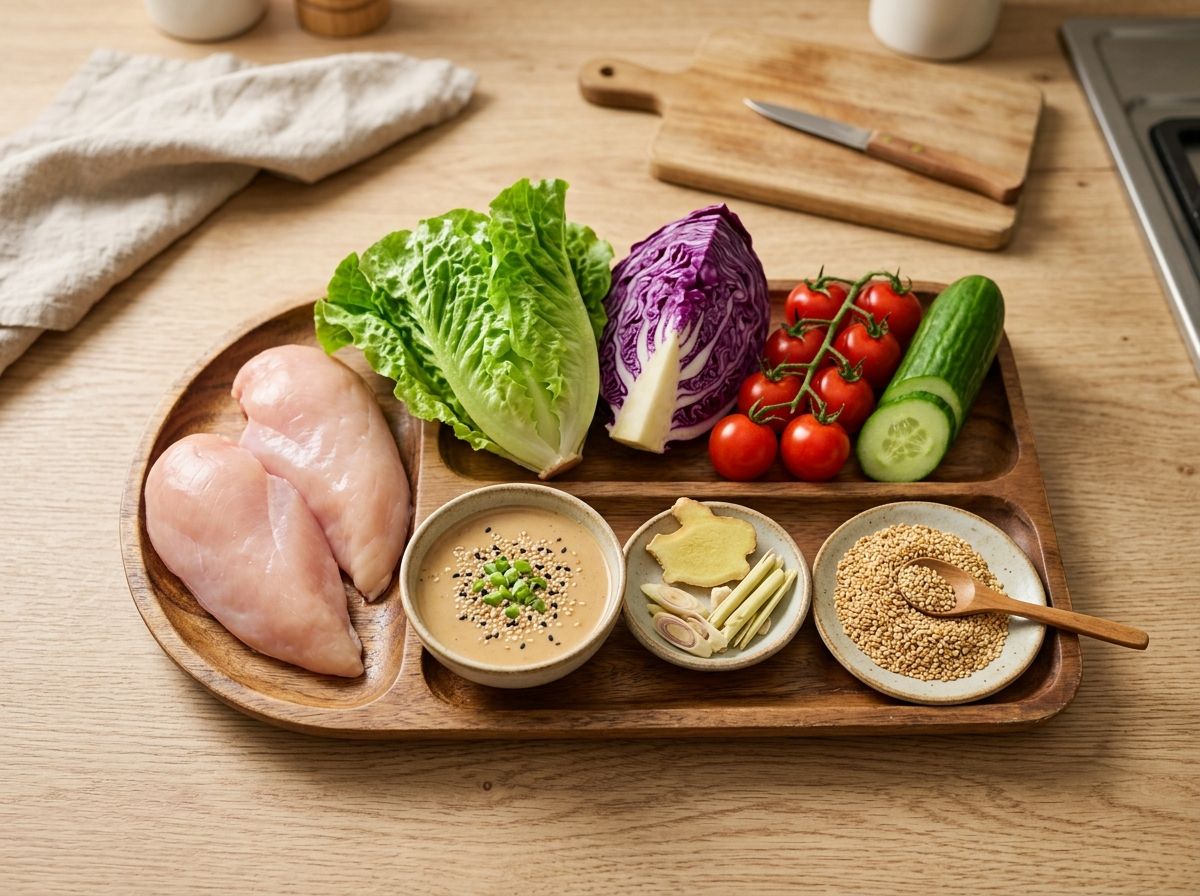 Khay nguyên liệu salad gồm ức gà tươi xà lách romaine cà chua bi ngô ngọt dưa chuột và chén sốt mè rang