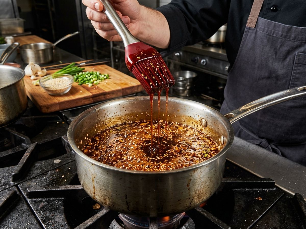 Đun sôi lăn tăn sốt BBQ sánh kẹo màu nâu cánh gián với cọ phết sốt