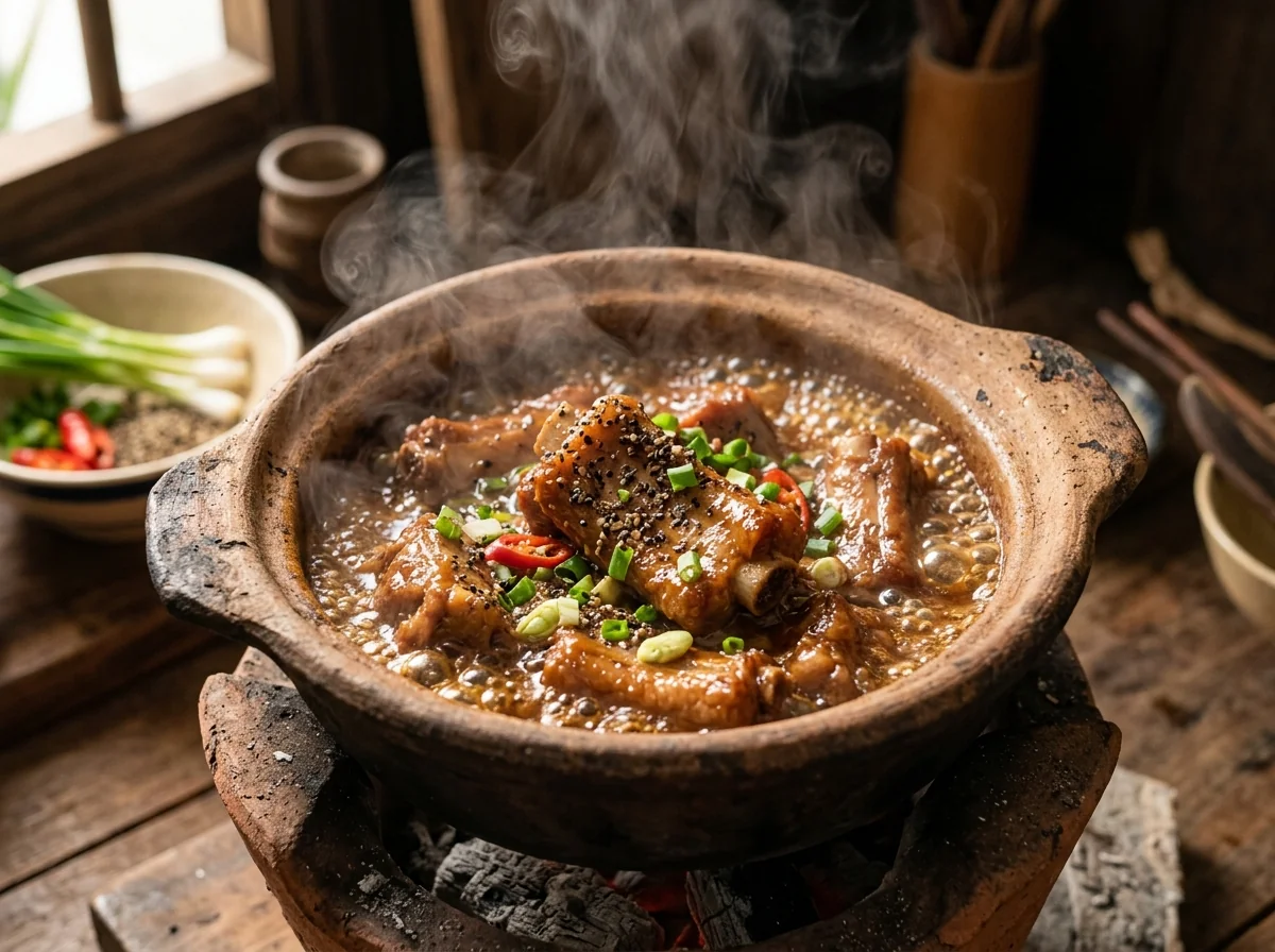 Nồi đất kho sườn non với nước dừa sôi lăn tăn liu riu 85-90 độ C thơm nồng tiêu sọ
