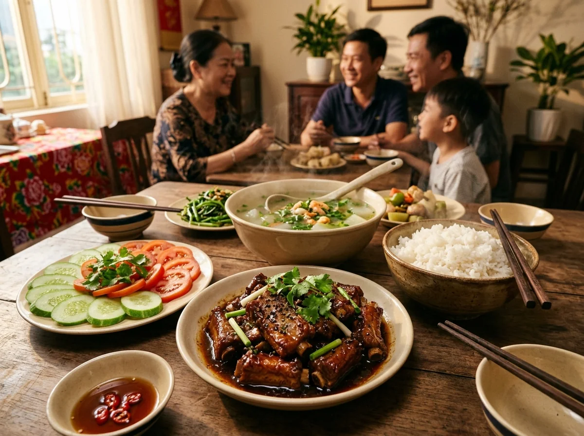 Mâm cơm gia đình hoàn chỉnh gồm đĩa sườn kho tiêu, dưa leo cà chua tươi và canh thanh mát chuẩn vị cơm nhà