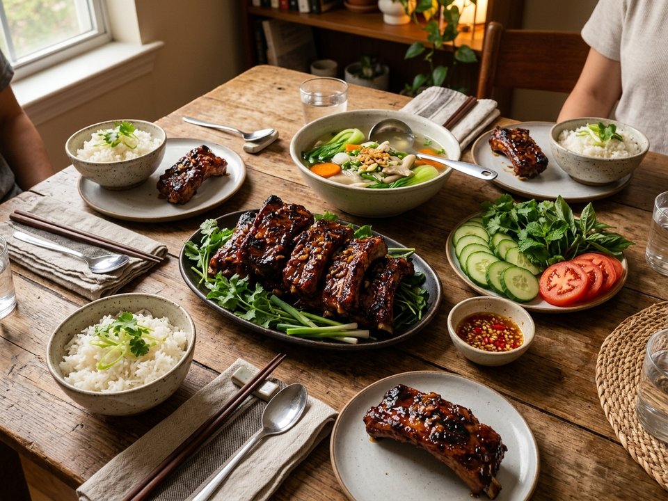 Mâm cơm gia đình ấm cúng với đĩa sườn nướng nồi chiên không dầu, cơm trắng và bát canh thanh mát