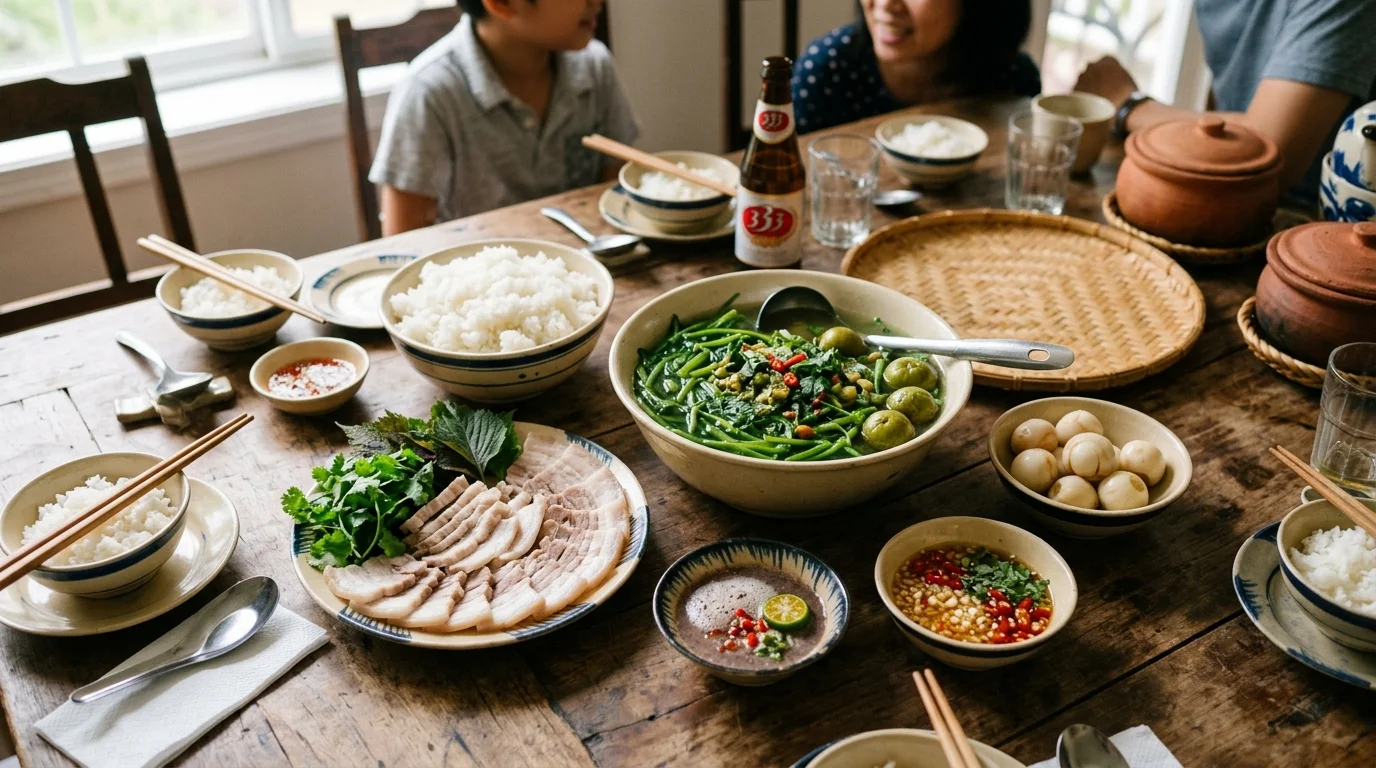 Mâm cơm gia đình hoàn chỉnh gồm đĩa thịt ba chỉ luộc canh rau muống dầm sấu và cà pháo muối giòn chuẩn vị cơm nhà