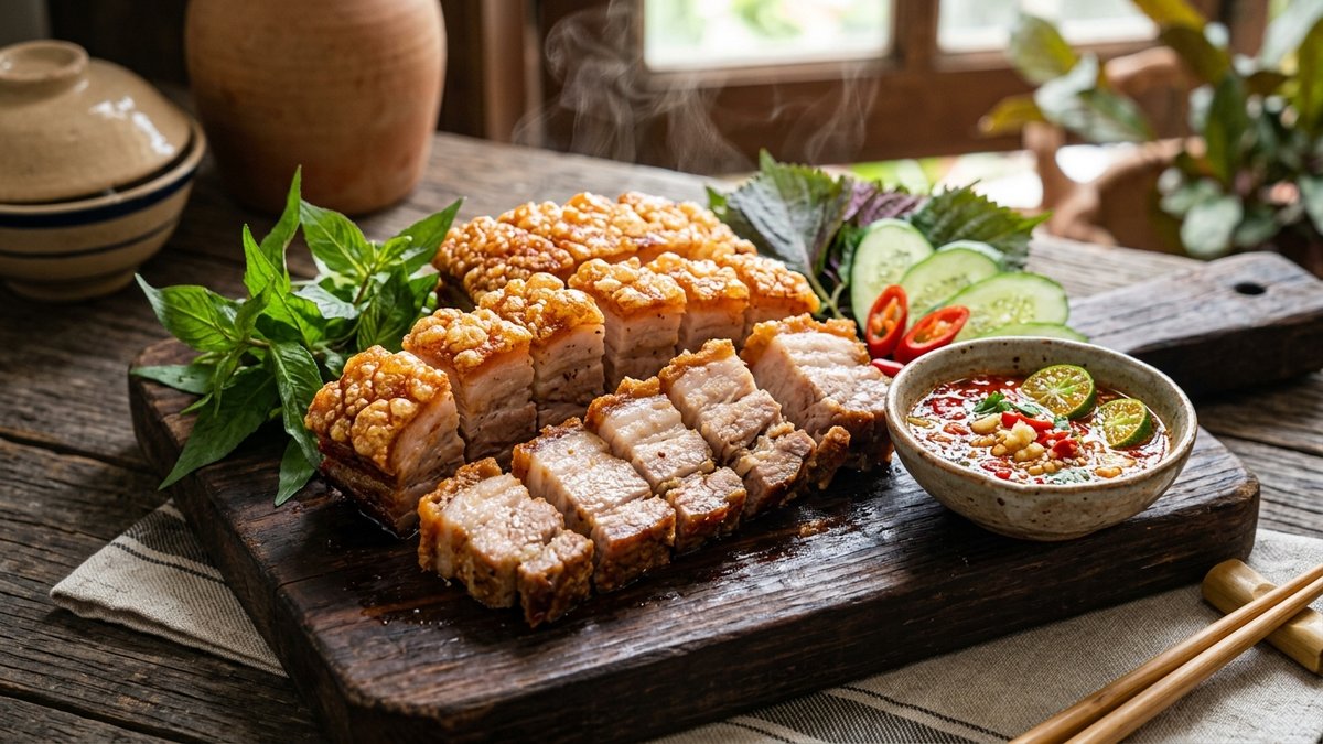 Thịt ba chỉ nướng giòn bì bằng nồi chiên không dầu thái miếng đều tăm tắp với rau thơm và nước chấm
