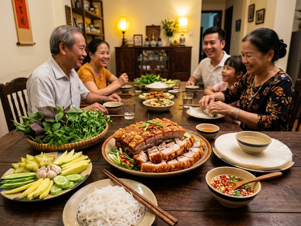 Mâm cơm gia đình ấm cúng với đĩa thịt heo quay giòn bì, bún tươi, bánh tráng và rau sống