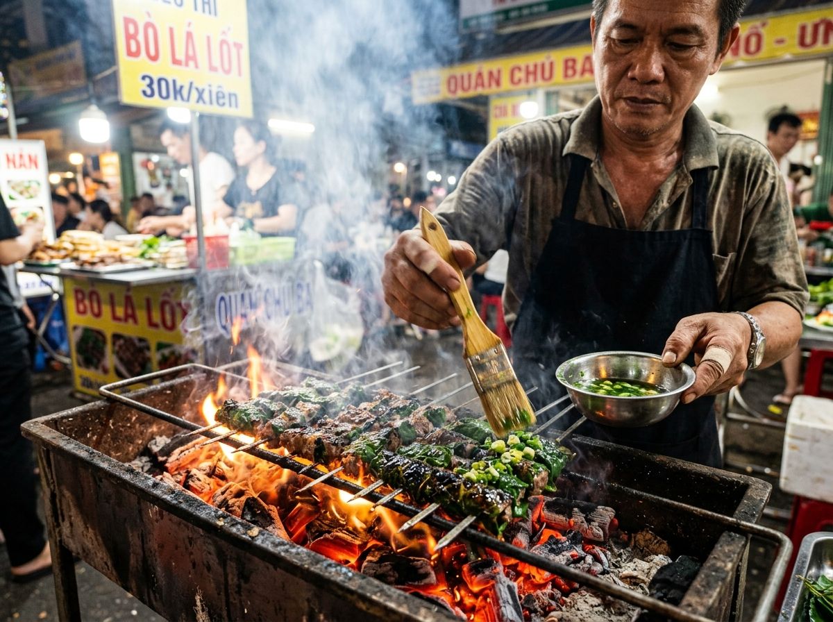 Nướng xiên bò lá lốt trên bếp than hoa rực lửa mỡ xèo xèo bốc khói thơm ngào ngạt