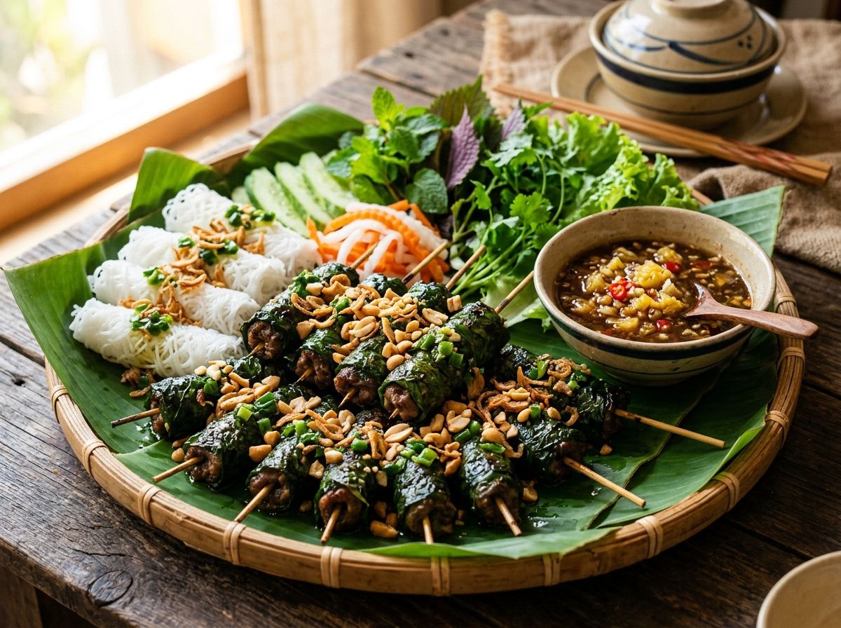 Mẹt bò nướng lá lốt hoàn chỉnh bóng mượt mỡ hành đậu phộng dọn cùng bánh hỏi rau sống và chén mắm nêm đậm đà