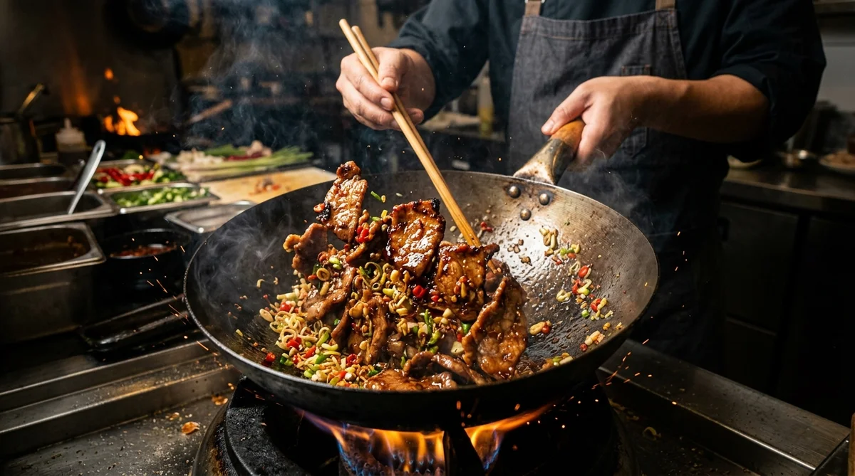 Kỹ thuật xào thịt heo trên chảo nhiệt cao cùng sả ớt bốc khói thơm nức chuẩn Bếp trưởng Feedy