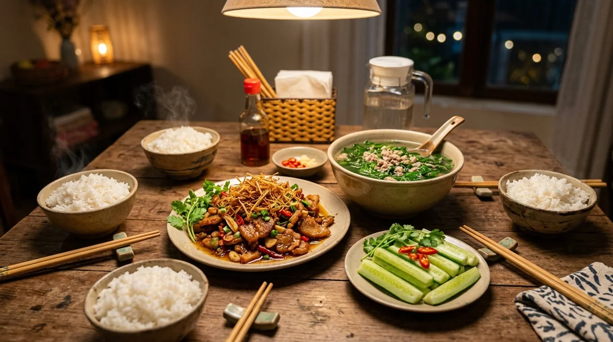 Mâm cơm tối gia đình 15 phút ấm cúng gồm đĩa thịt heo xào sả ớt tô canh rau ngót thịt băm và đĩa dưa chuột giòn chuẩn Bếp trưởng Feedy