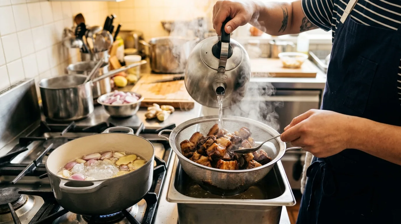 Kỹ thuật dội nước sôi nóng có gừng qua rổ thịt kho để rửa sạch muối mặn bám ngoài trước khi tái om với nước dừa