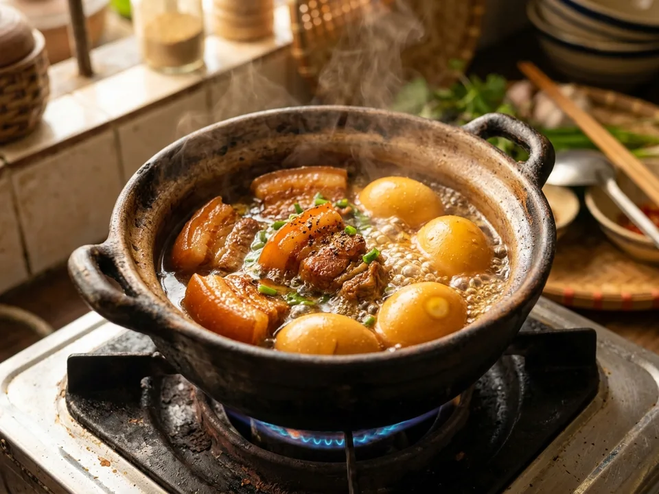 Nồi đất kho thịt ba chỉ với nước dừa xiêm sôi lăn tăn liu riu 85-90 độ C nước trong veo không bọt cặn