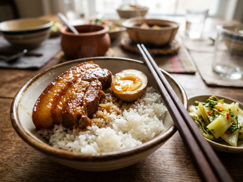 Bát cơm trắng dẻo nóng hổi ăn kèm thịt kho tàu nước dừa và đĩa dưa cải chua muối giòn chống ngấy