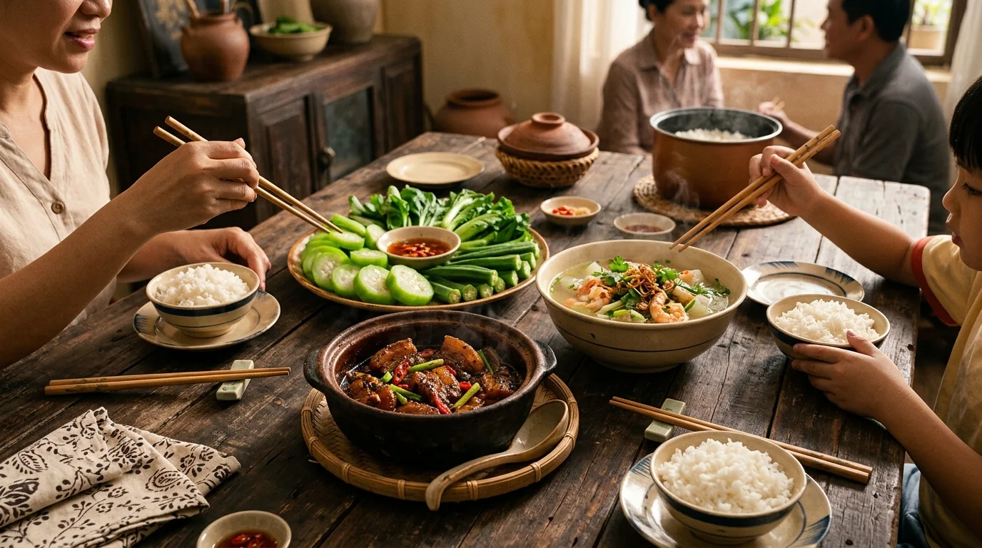 Mâm cơm gia đình ấm cúng gồm tộ thịt kho tiêu óng ánh dĩa rau củ luộc xanh mướt tô canh cải ngọt và cơm niêu nóng hổi chuẩn vị cơm nhà