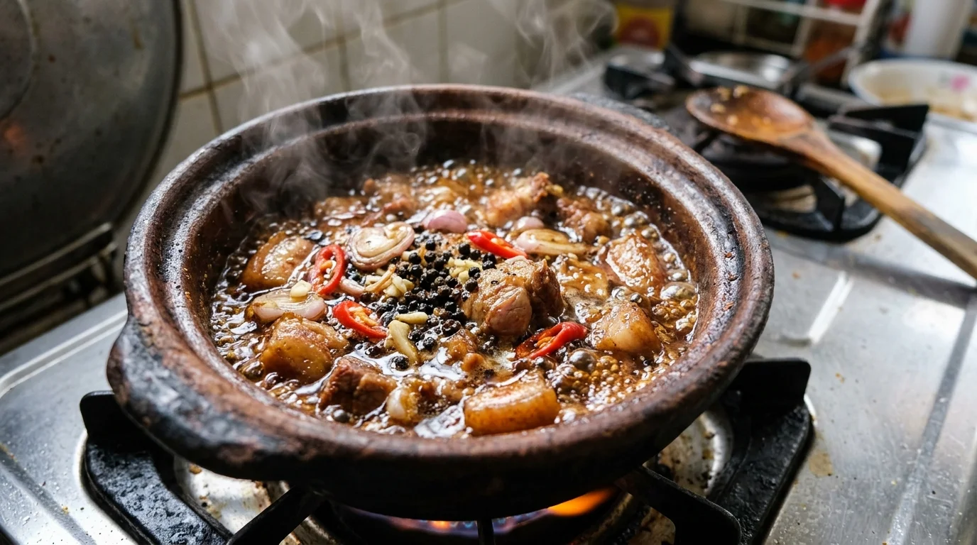 Tộ đất kho thịt sôi lăn tăn nhỏ lửa cùng nước dừa ấm hạt tiêu đen và ớt đỏ rực