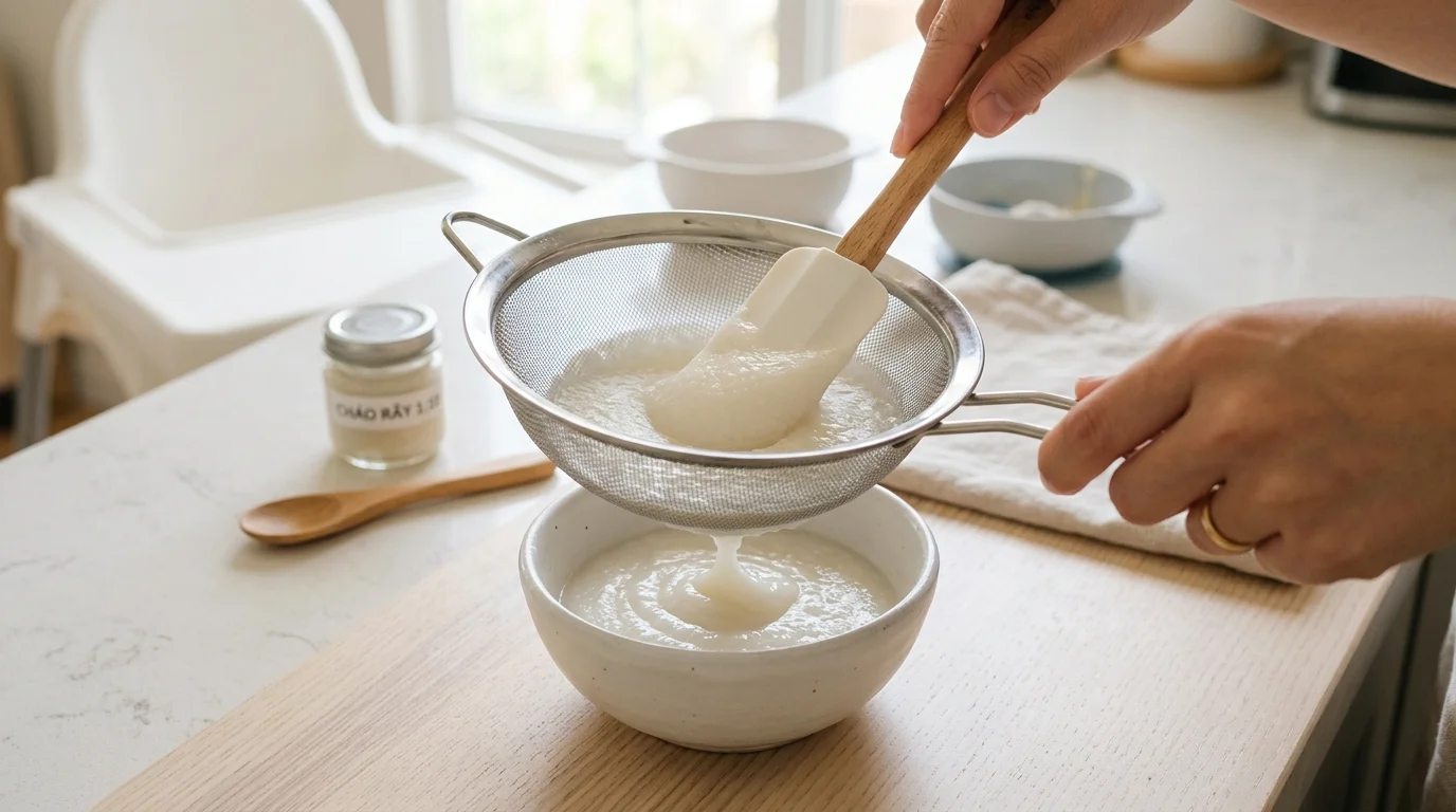 Kỹ thuật rây cháo 1:10 qua rây inox mịn màng cho bé 6 tháng