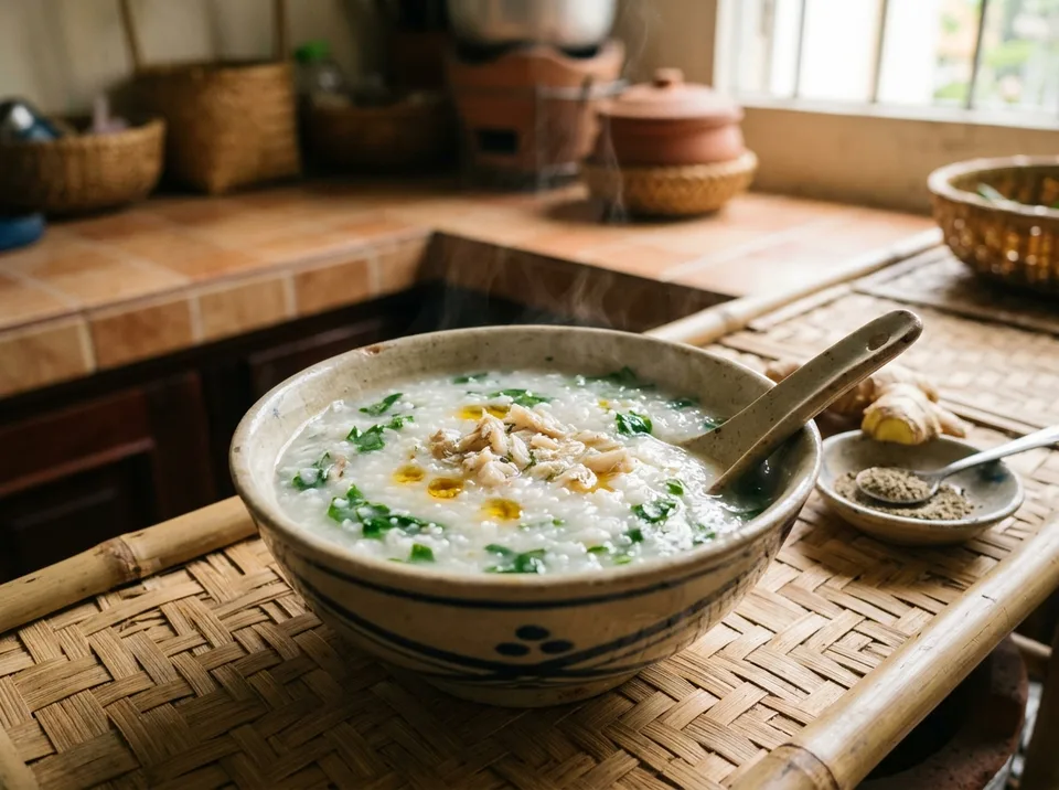 Bát cháo cá lóc đồng rau ngót màu xanh ngọc bích thơm lừng rưới dầu mè đen cho bé 7 tháng