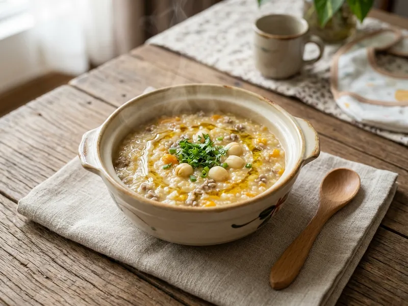 Bát cháo bò bí đỏ hạt sen nấu cháo vỡ hạt 1:5 rưới dầu óc chó bốc khói ấm cho bé 8 tháng