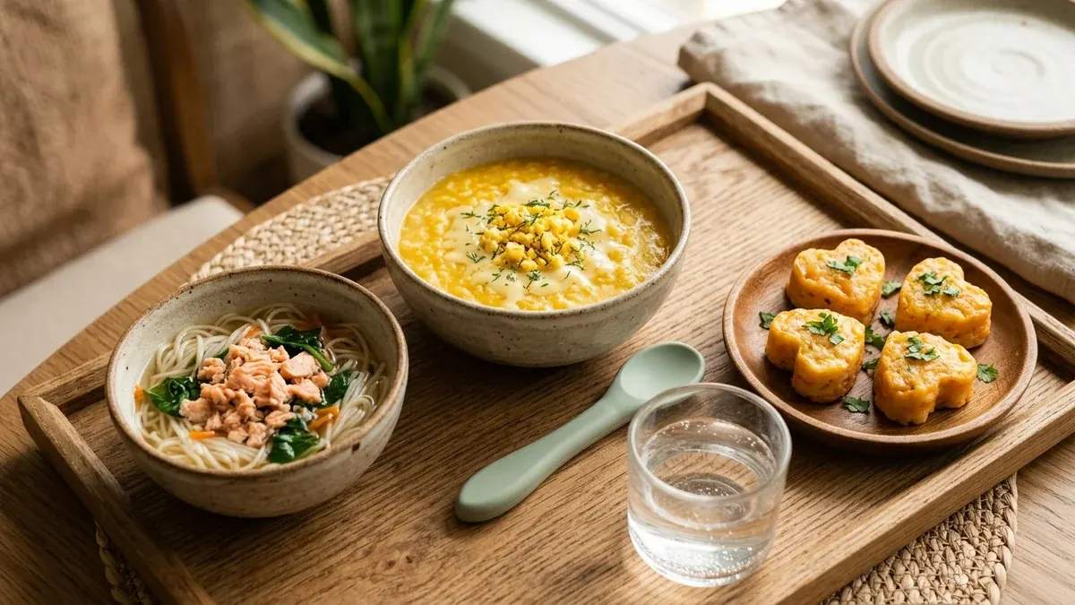 Thực đơn ăn dặm cho bé 9-11 tháng gồm cháo tôm bí đỏ phô mai súp mì somen cá hồi dashi và chả tôm finger food