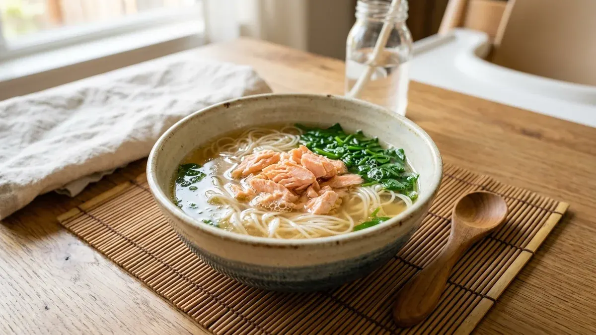 Bát súp mì somen cá hồi rau bina nước dùng dashi cho bé 10 tháng