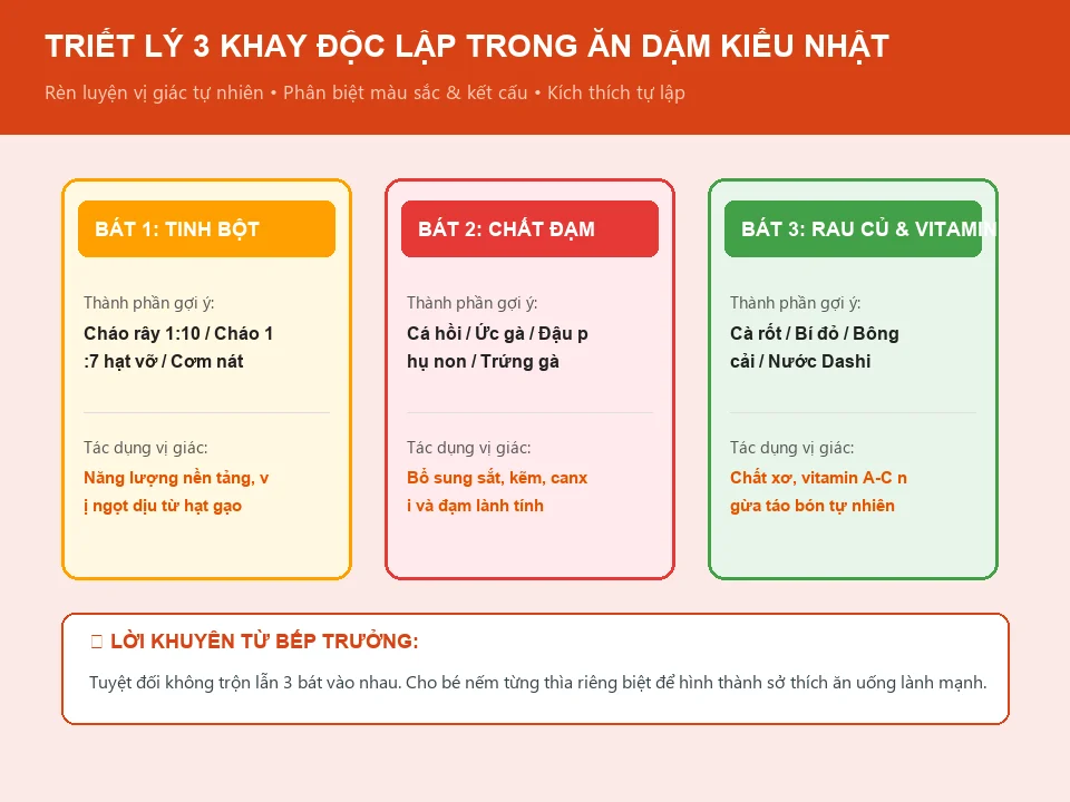 Khay ăn dặm kiểu Nhật chuẩn 3 bát độc lập gồm tinh bột cháo rây đạm thịt cá và rau củ Dashi