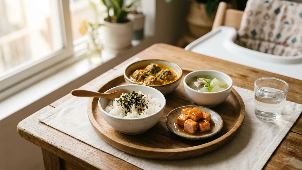 Mâm cơm nát chuẩn vị cho bé 1 tuổi gồm cơm nát dẻo rắc vừng rong biển thịt bò viên sốt cà cá hồi áp chảo sốt cam và canh sườn bí xanh