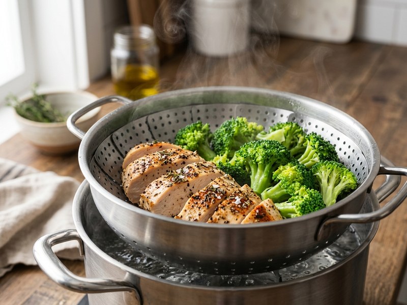 Kỹ thuật hấp ức gà và bông cải xanh trong xửng inox giữ trọn vẹn chất xơ và vitamin