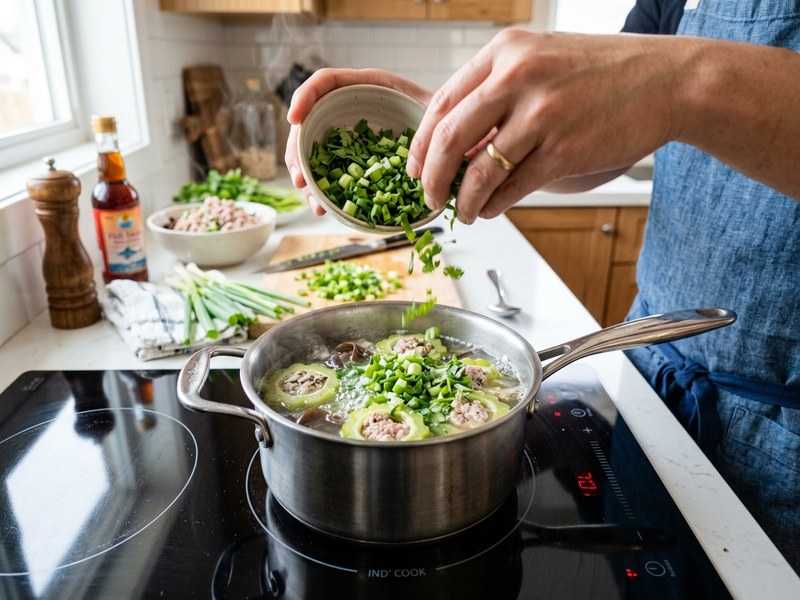 Nấu canh mướp đắng thịt nạc dăm giải nhiệt hạ đường huyết trên bếp từ sạch sẽ