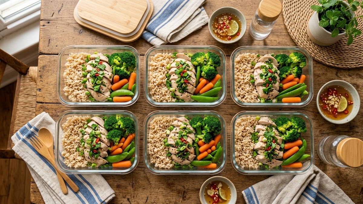 Bộ hộp cơm bento chuẩn khoa học cho người tiểu đường tuýp 2 gồm gạo lứt ức gà hấp và rau súp lơ xanh