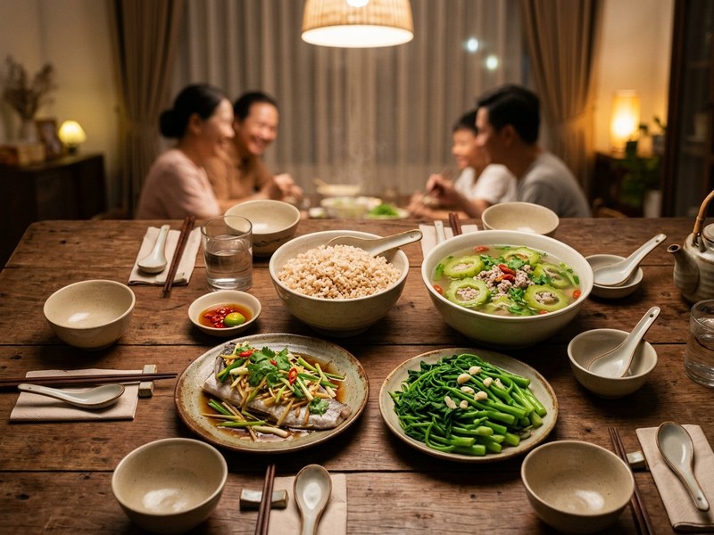 Mâm cơm gia đình ấm cúng chuẩn vị cho người bệnh tiểu đường quây quần cùng gia đình
