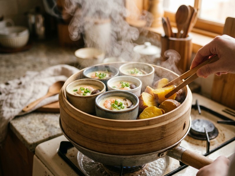 Kỹ thuật hấp cách thủy trứng vân mây chawanmushi trong xửng tre lửa nhỏ
