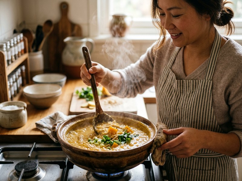 Đầu bếp khuấy cháo yến mạch bí đỏ ức gà trong nồi đất sôi liu riu bốc khói nhẹ