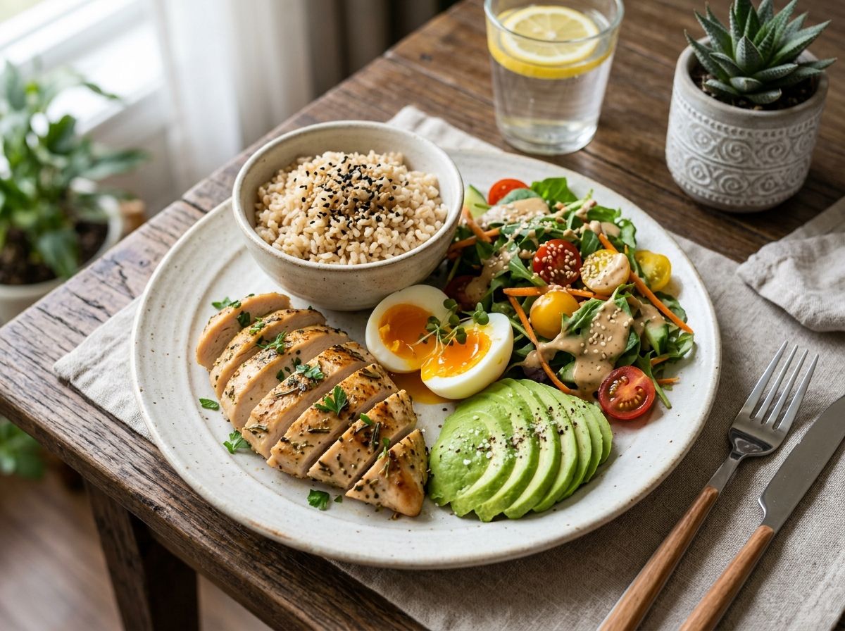 Bữa trưa Eat Clean hoàn chỉnh thơm ngon với đĩa ức gà mọng nước cơm gạo lứt và súp lơ xanh