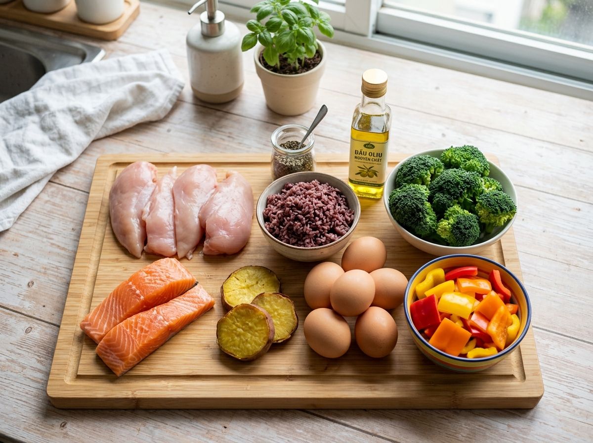 Khay sơ chế nguyên liệu Eat Clean gồm ức gà thái lát khoai lang hấp và các loại rau củ ngũ sắc
