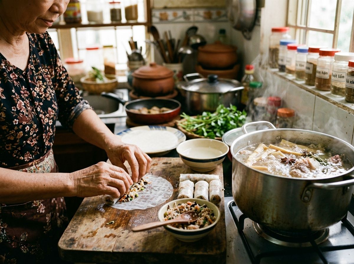 Thao tác cuốn nem rán truyền thống và ninh nồi canh măng khô móng giò bốc khói ngào ngạt