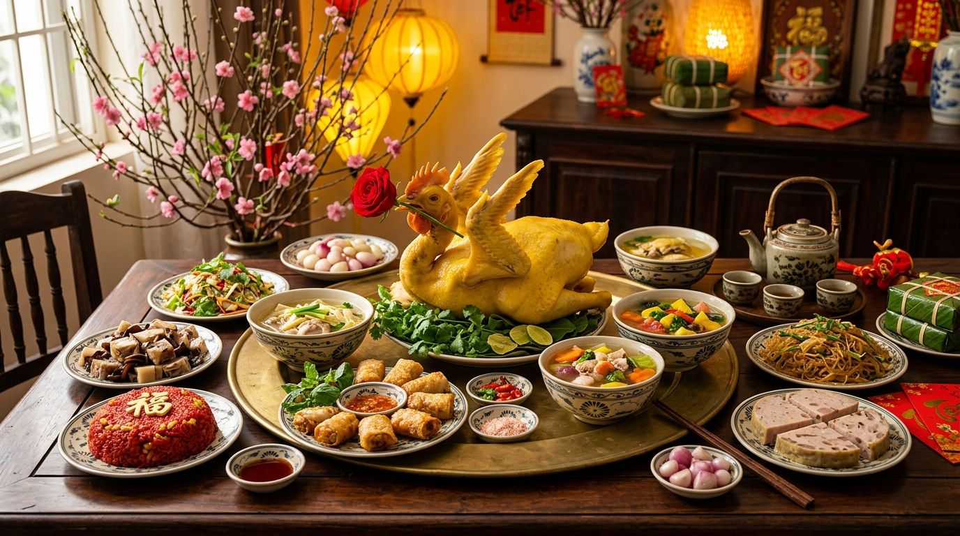Mâm cỗ Tết truyền thống miền Bắc 6 bát 8 đĩa thịnh soạn sang trọng trên mâm đồng sum vầy gia đình