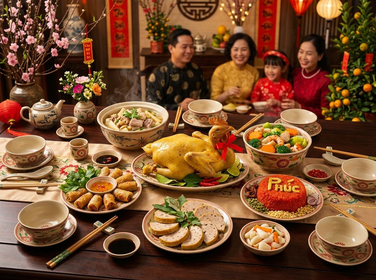 Toàn cảnh mâm cỗ Tết cổ truyền miền Bắc hoàn tất dọn trên bàn tiệc gia đình ấm áp ngày đầu năm