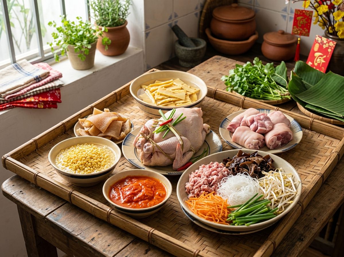 Khay chuẩn bị nguyên liệu mâm cỗ Tết đầy đủ tươi ngon gồm gà cúng măng khô móng giò nguyên liệu cuốn nem và thịt gấc đỏ