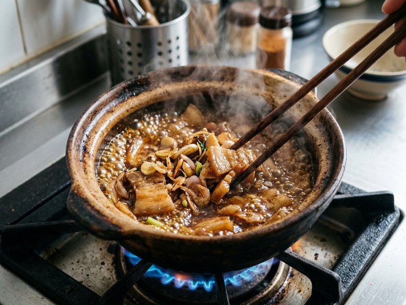 Thịt ba chỉ kho rim tép khô sôi xèo xèo trong niêu đất màu cánh gián bắt mắt