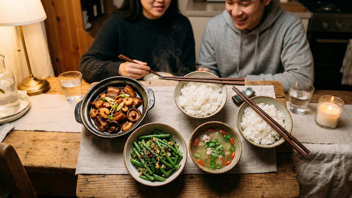 Mâm cơm tiết kiệm ấm cúng cho 2 người gồm thịt ba chỉ rim tôm đậu xào tỏi và canh bầu ngọt thanh
