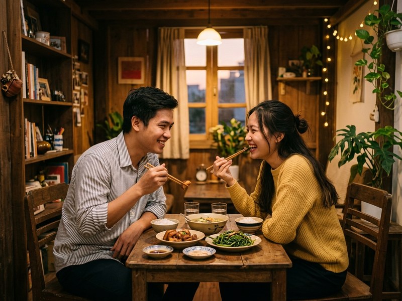 Hai vợ chồng trẻ vui vẻ thưởng thức mâm cơm 35k đầm ấm trong căn hộ nhỏ